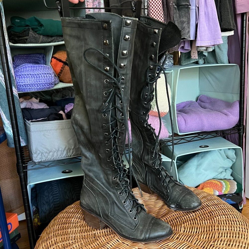 Jeffrey Campbell x Free People "Joe" OTK Lace-up Boots in black / dark gray